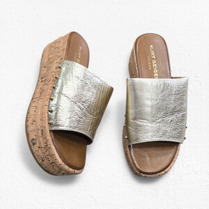 Kurt Geiger Gold Leather Cork Platform Slide Studded Sandals Size EU 37 US 7